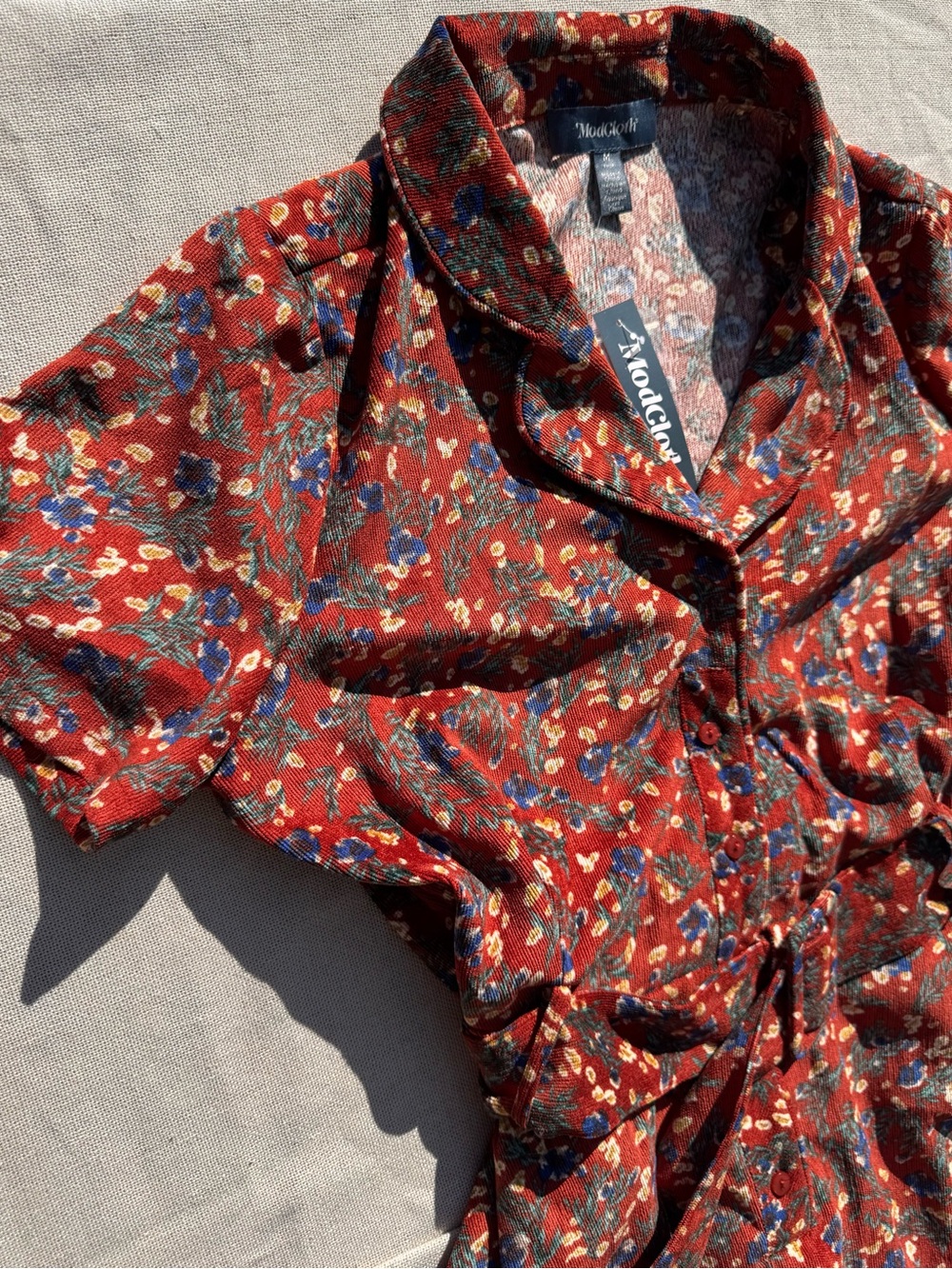NWT ModCloth Rustic Elegance Casual Dress Cider Blossom Red Blue Floral Belted - Picture 6 of 12